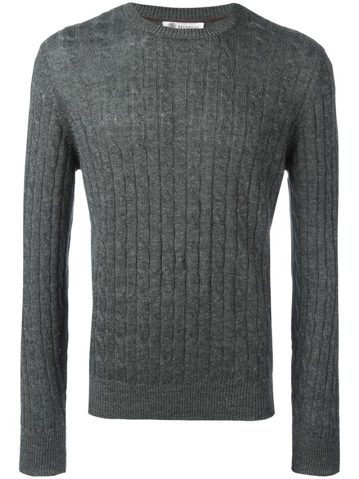Brunello Cucinelli Ribbed Trim Jumper, Men's, Size: 52, Grey, Cotton/linen/flax