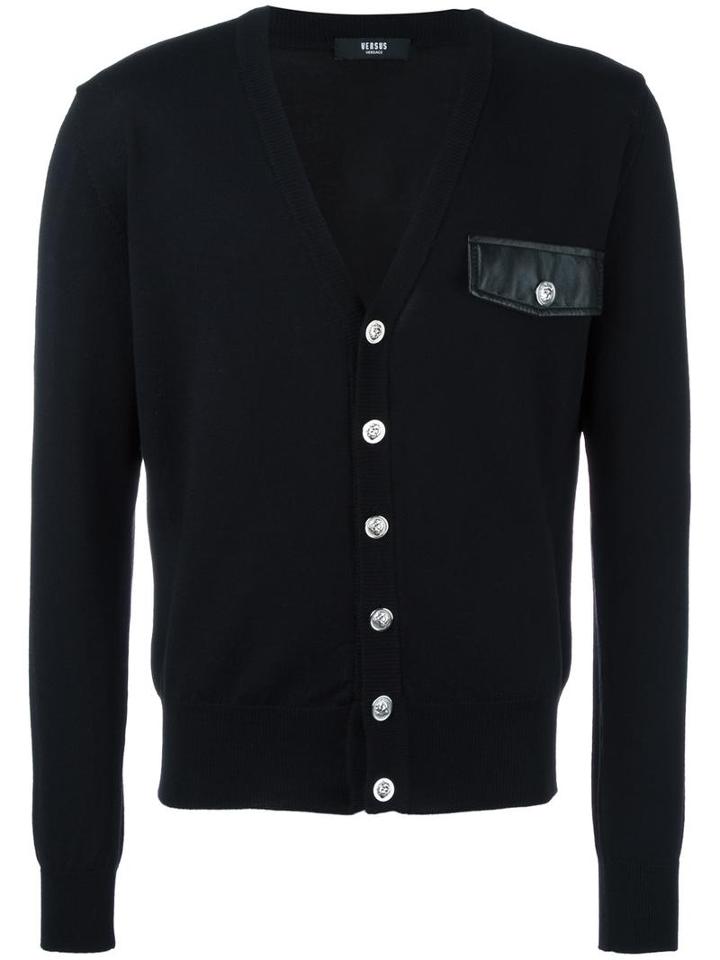 Versus Chest Pocket V-neck Cardigan, Men's, Size: 48, Black, Wool/polyester