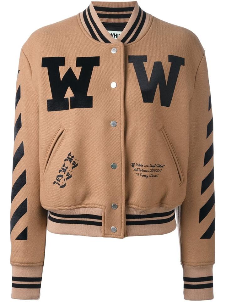 Off-white Varsity Bomber Jacket, Women's, Size: Small, Brown, Cotton/acrylic/polyamide/virgin Wool