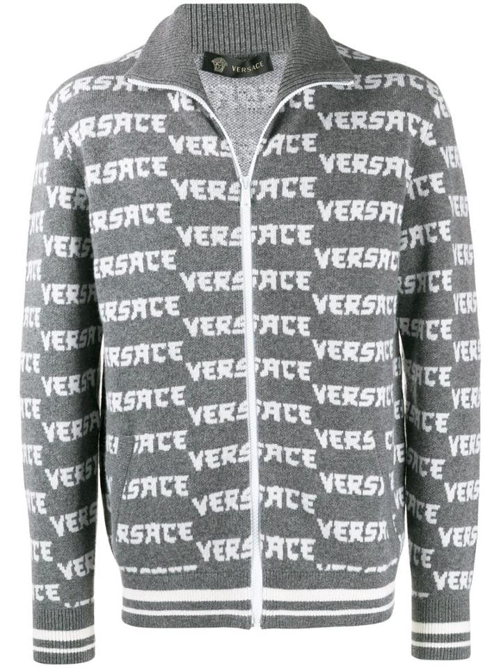 Versace Logo Intarsia Zipped Cardigan - Grey