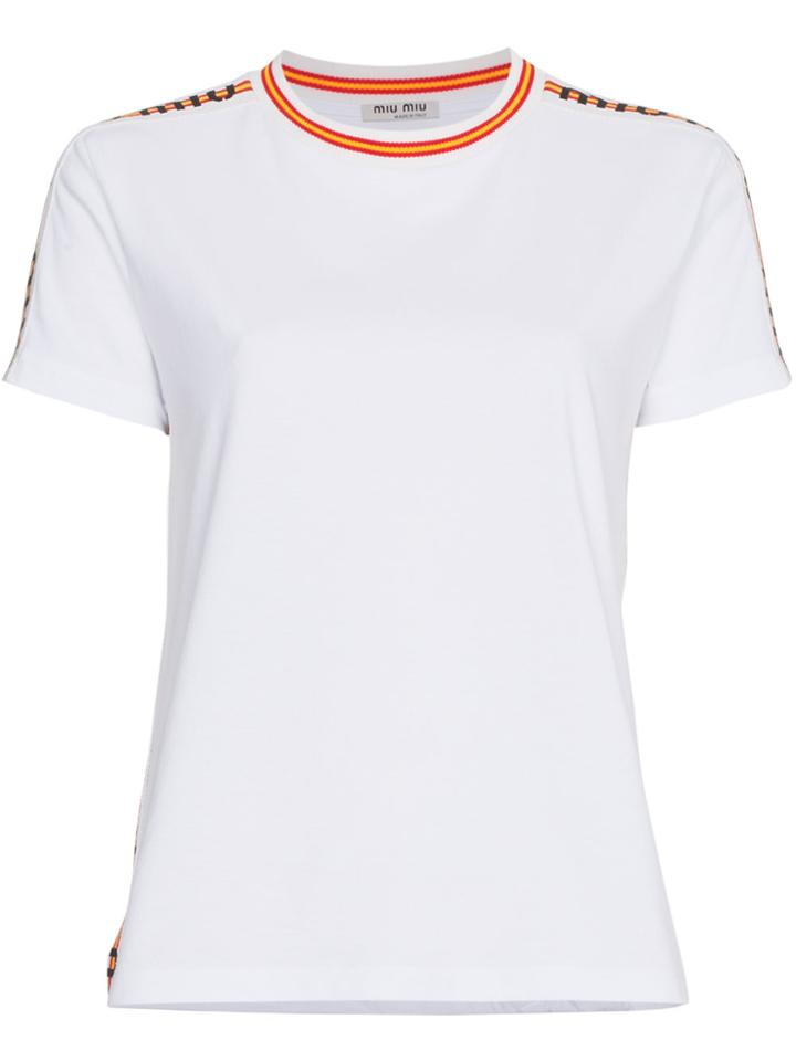Miu Miu Striped Logo Trims Cotton T Shirt - White
