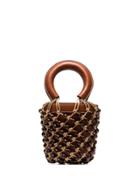 Staud Brown Moreau Mini Bead Embellished Leather Bucket Bag