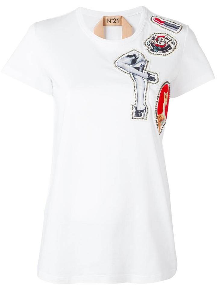 No21 Multiple Patches T-shirt, Women's, Size: 40, White, Cotton/polyester/glass/metal (other)