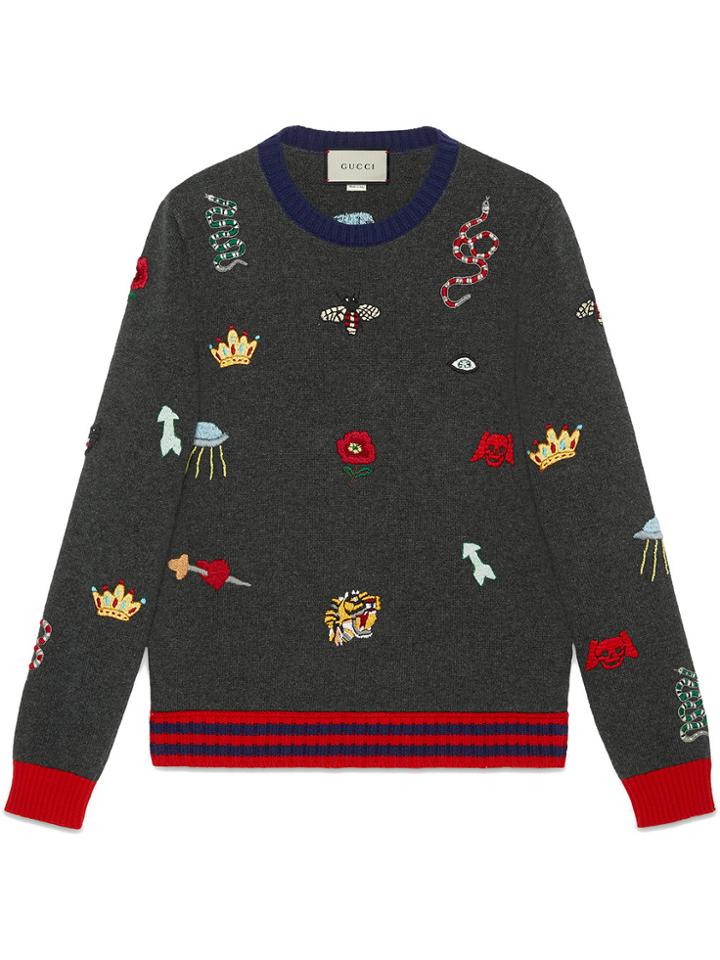 Gucci Wool Sweater With Embroideries - Grey