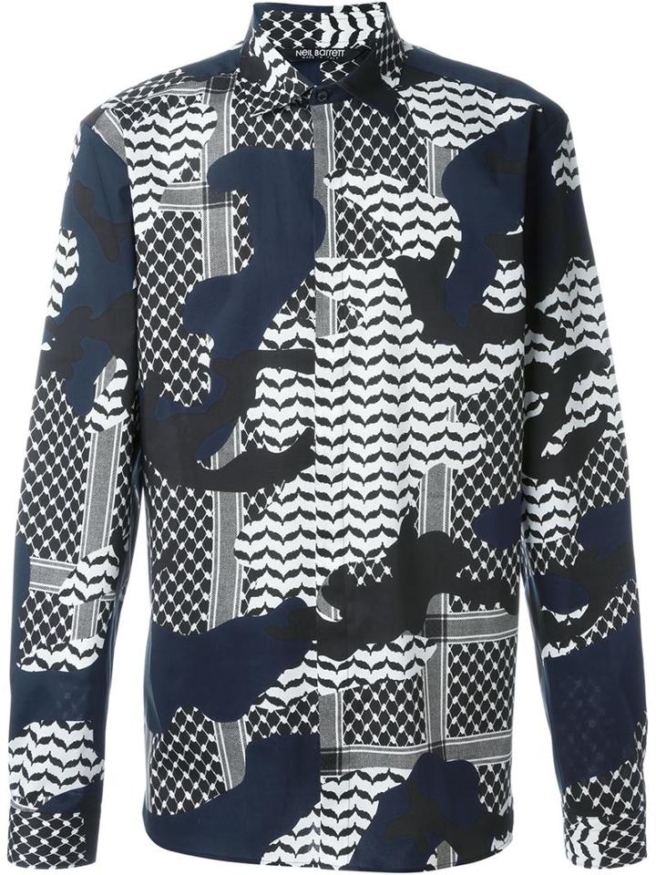 Neil Barrett Patterned Camouflage Shirt, Men's, Size: 39, Blue, Cotton