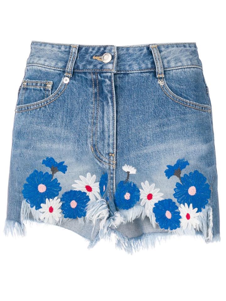 Sjyp Floral Embroidered Denim Shorts - Blue