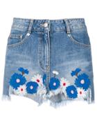 Sjyp Floral Embroidered Denim Shorts - Blue