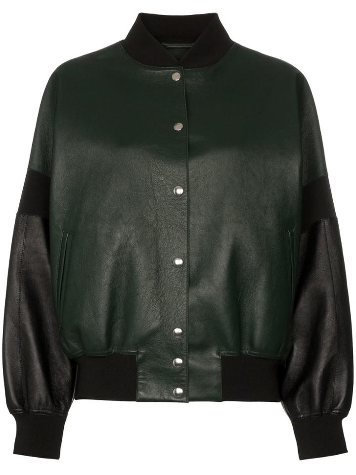 Plan C Contrast Sleeve Button Down Leather Bomber Jacket - Green