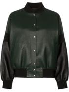 Plan C Contrast Sleeve Button Down Leather Bomber Jacket - Green