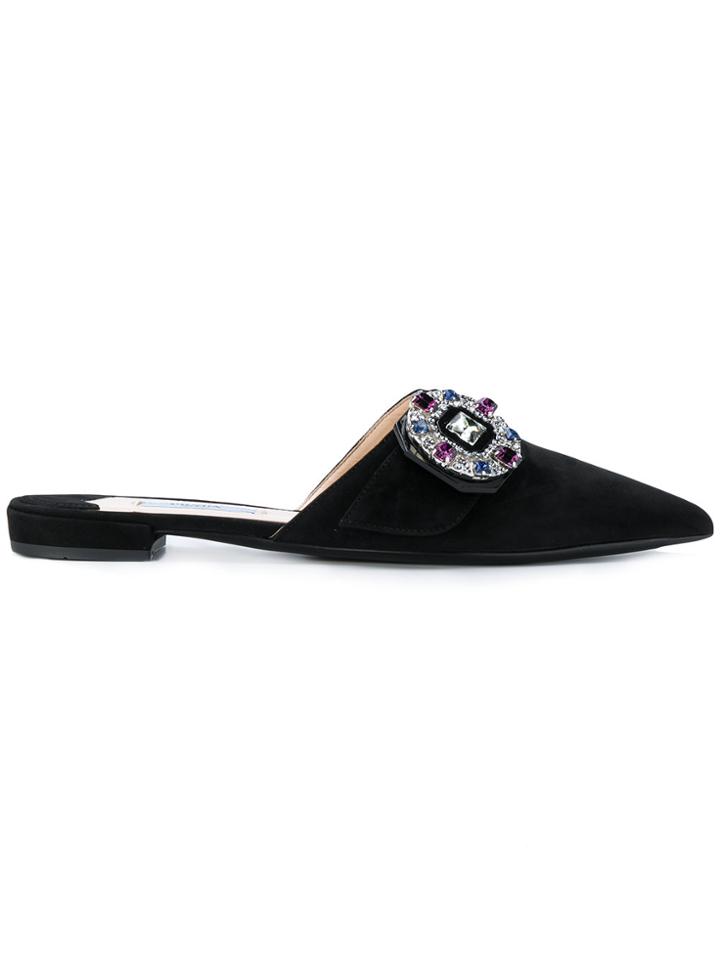 Prada Pointed Toe Crystal Mules - Black