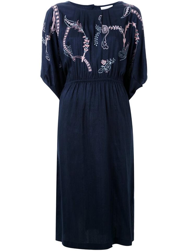 Megan Park Embroidered Flower Dress, Women's, Size: 10, Blue, Silk