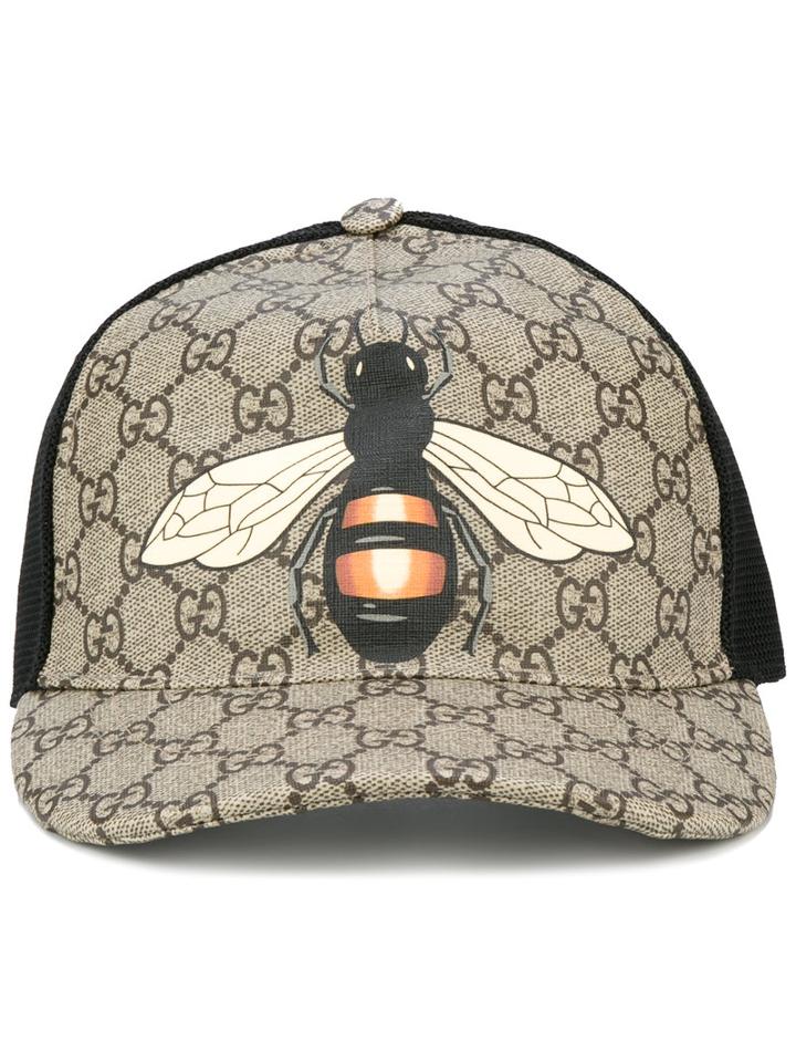 Gucci Bee Print Gg Supreme Baseball Cap, Men's, Size: Xl, Nude/neutrals, Polyurethane/cotton/polyester/cotton