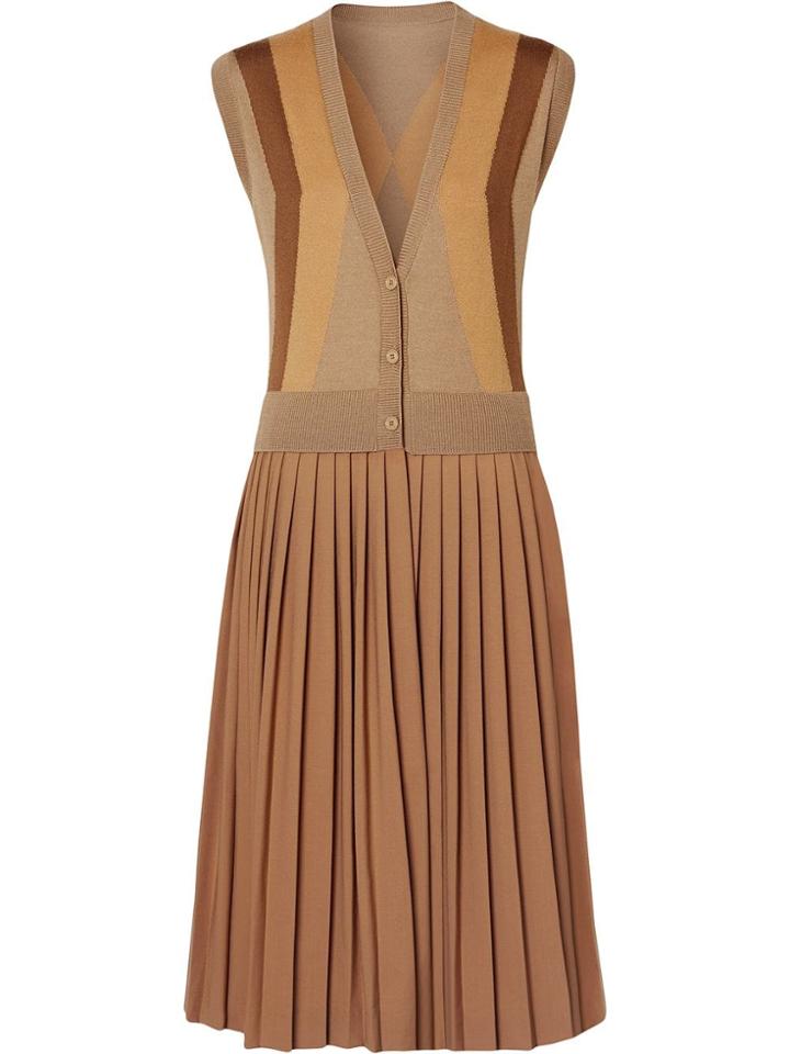 Burberry Sleeveless Knitted Wool V-neck Dress - Brown