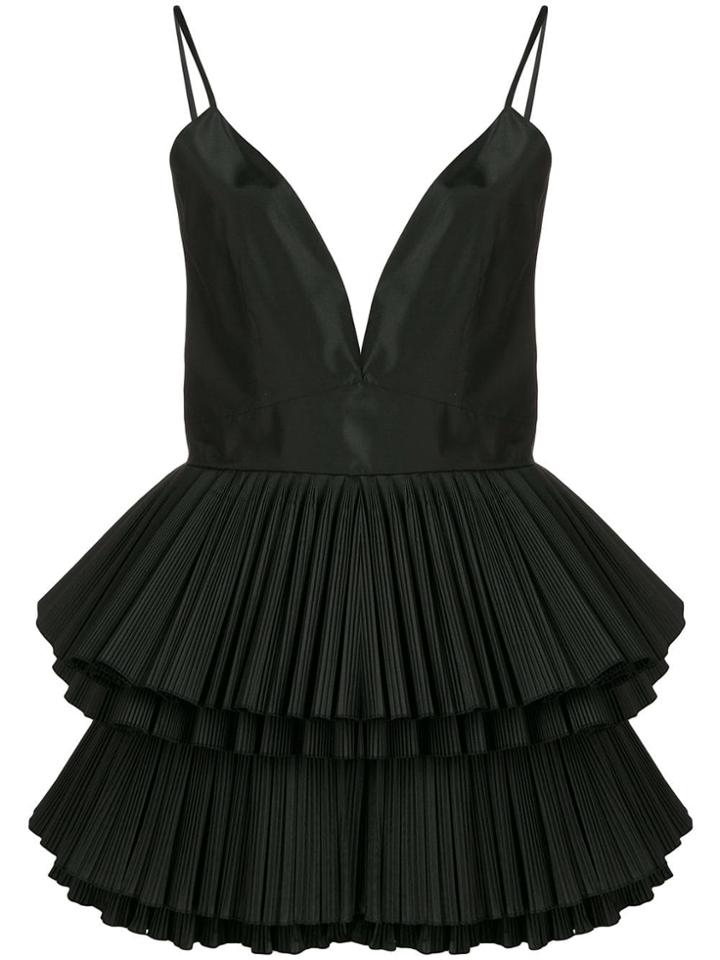 Alessandra Rich Plunge Pleated Ruffle Dress - Black