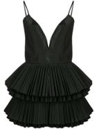 Alessandra Rich Plunge Pleated Ruffle Dress - Black