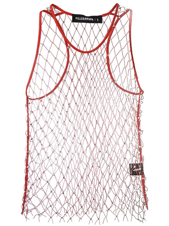 Filles A Papa Beaded Mesh Vest, Women's, Size: I, Red, Polyester/sheep Skin/shearling/metal/glass