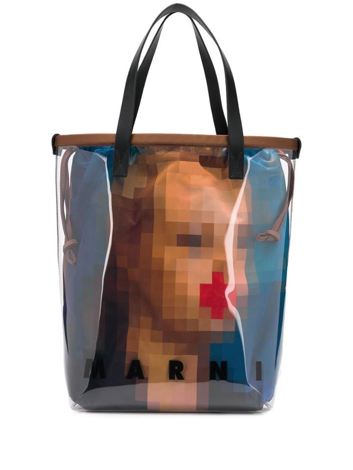 Marni Pixel Grace Print Shopping Tote - Brown