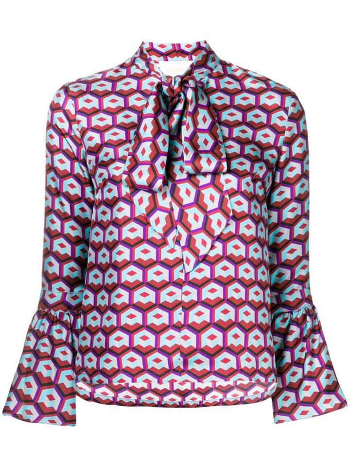 La Doublej Geometric Print Pussy Bow Blouse - Pink