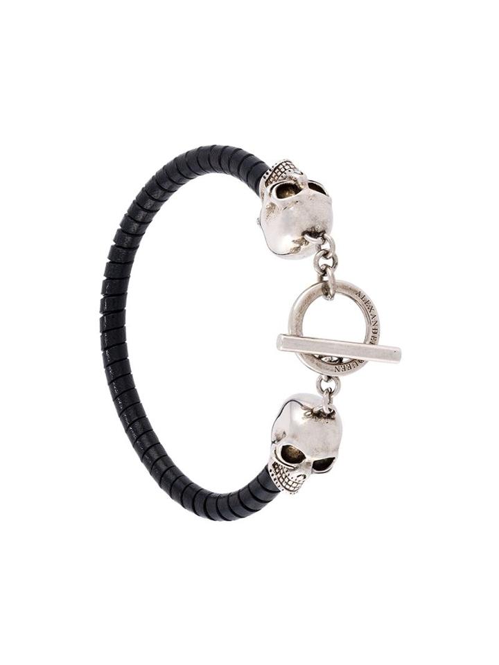 Alexander Mcqueen Twin Skull Bracelet, Men's, Black, Leather/brass