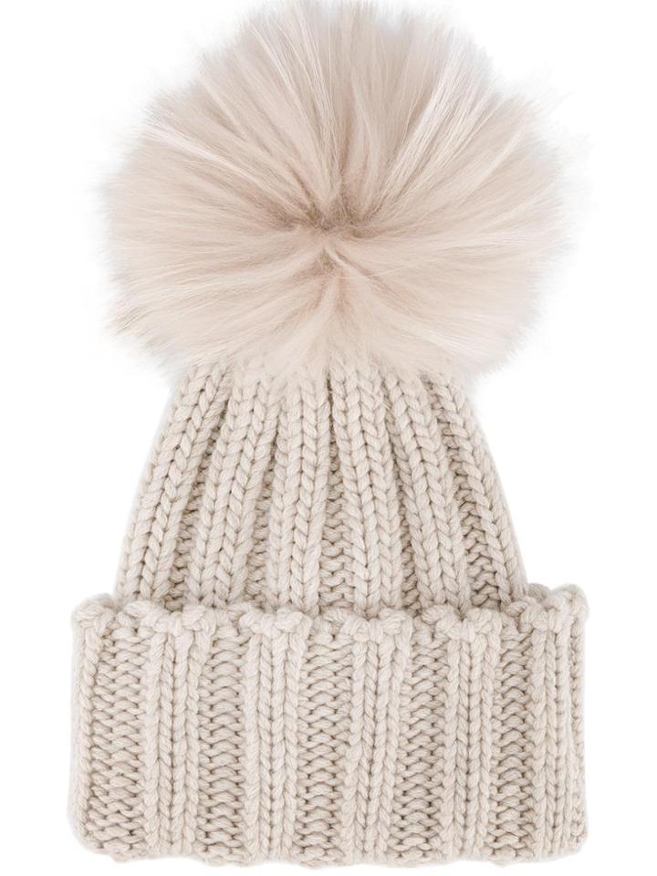 Inverni Raccoon Fur Single Pom Pom Beanie - Nude & Neutrals
