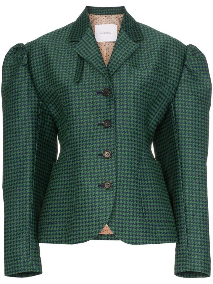 Pushbutton Check Print Puff Sleeve Cotton Blend Blazer - Green
