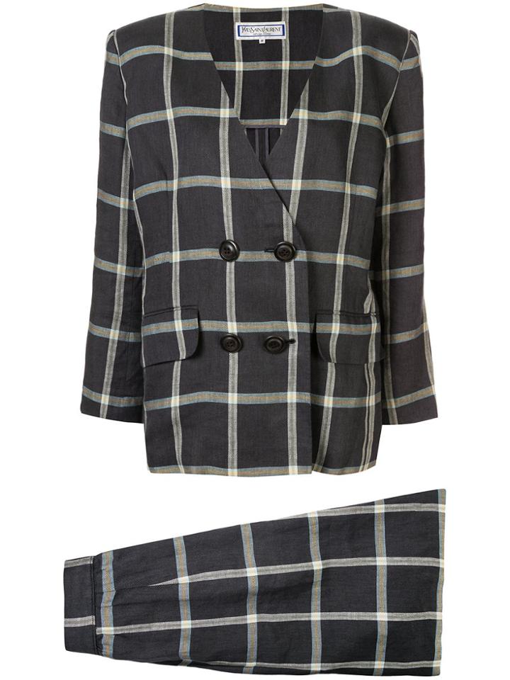 Yves Saint Laurent Pre-owned Lapel-less Checked Skirt Suit - Grey