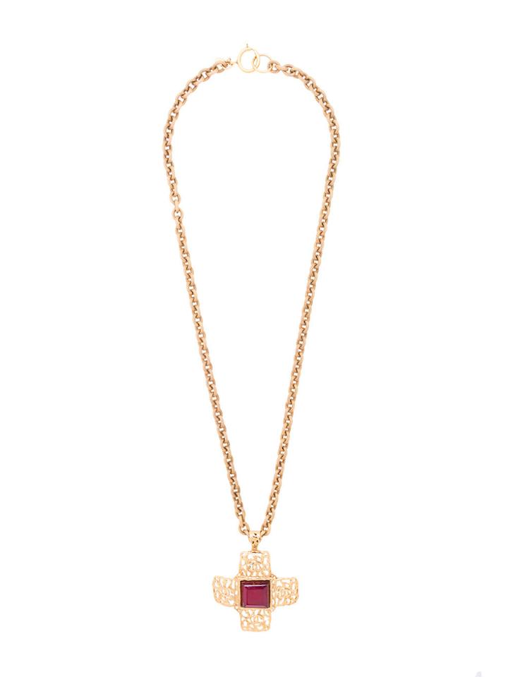 Chanel Vintage Cutout Cross Centre Stone Necklace - Metallic