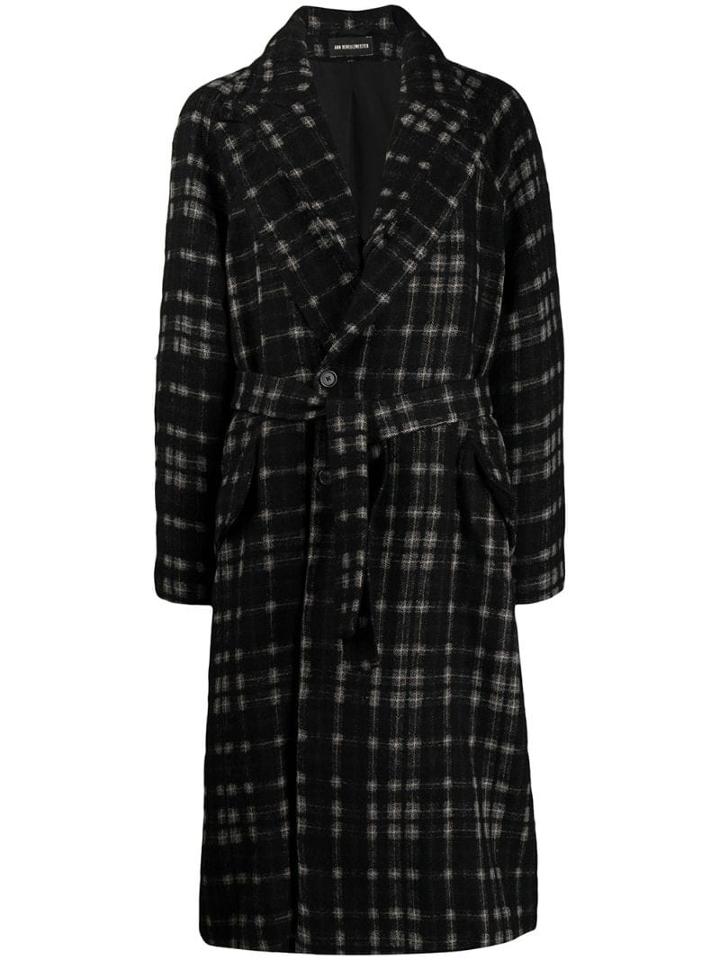 Ann Demeulemeester Belted Check Pattern Coat - Black