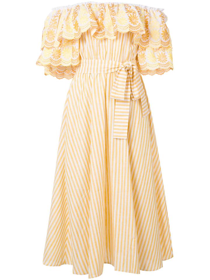 Gül Hürgel Ruffle Bardot Dress, Women's, Size: Medium, Yellow/orange, Cotton/linen/flax