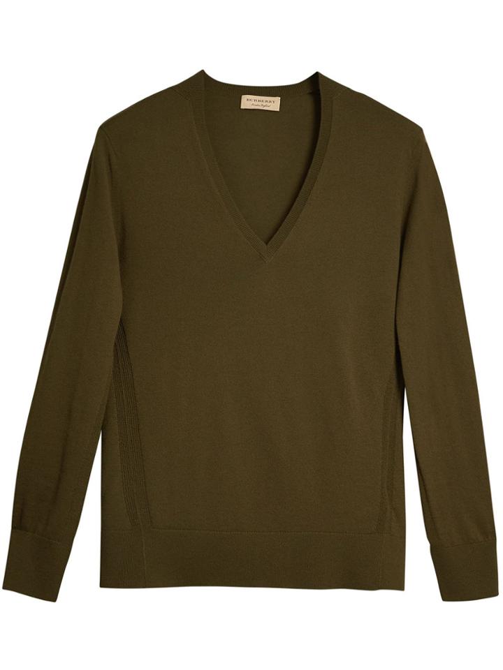 Burberry Check Detail Cashmere V-neck Sweater - Green