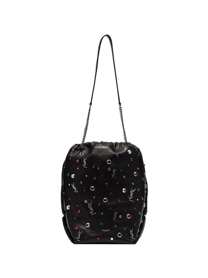 Saint Laurent Pochon Jewelled Leather Shoulder Bag - Black