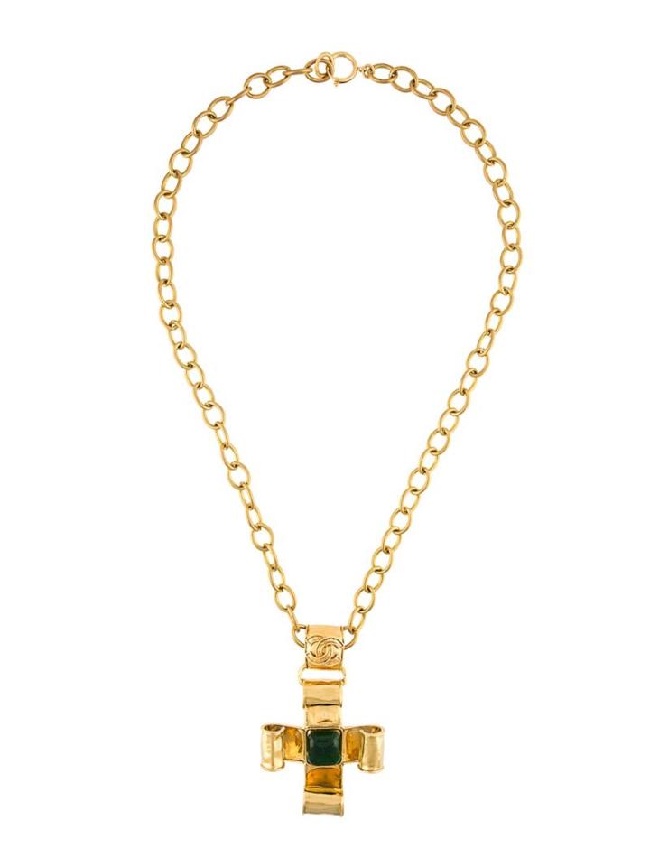 Chanel Vintage Gripoix Ribbon Cross Necklace, Women's, Metallic