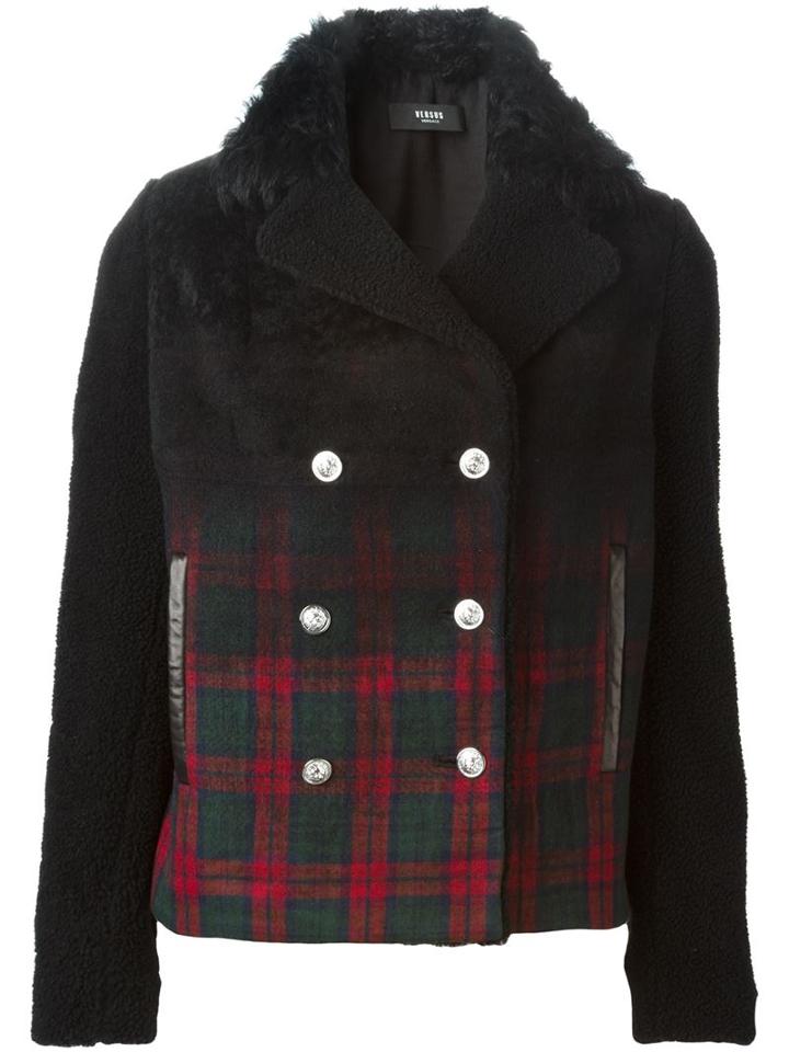 Versus Plaid Fur Collar Jacket, Women's, Size: 42, Black, Leather/sheep Skin/shearling/polyester/wool