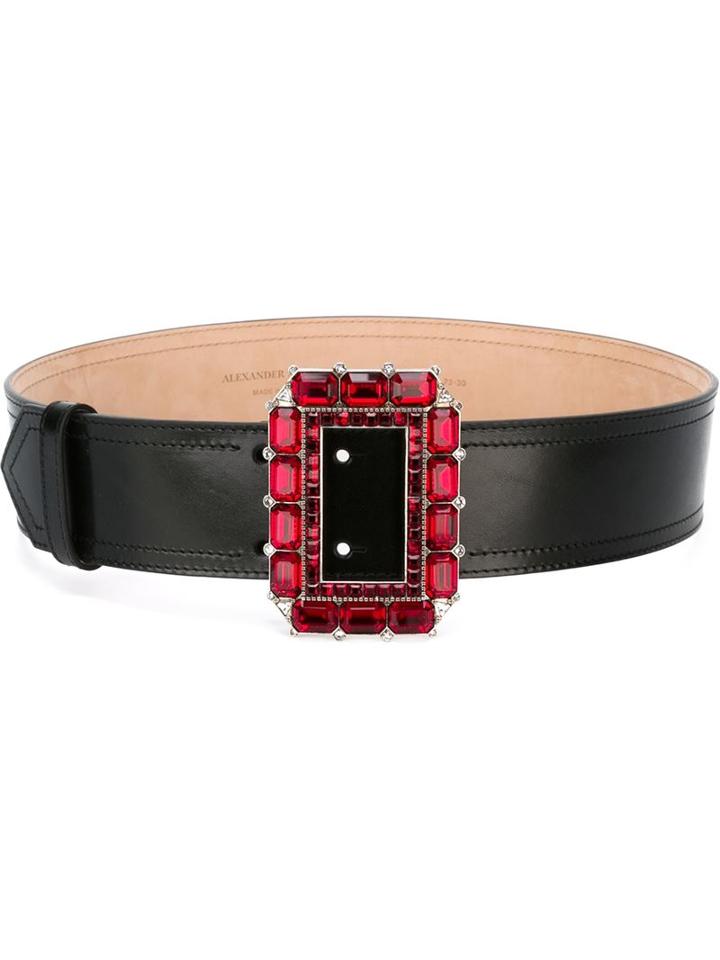 Alexander Mcqueen Square Jewelled Buckle Belt, Women's, Size: 70, Black, Leather
