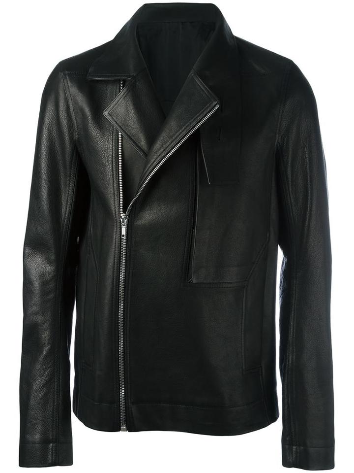 Rick Owens Funnel Neck Biker Jacket, Men's, Size: 52, Black, Calf Leather/cotton/cupro