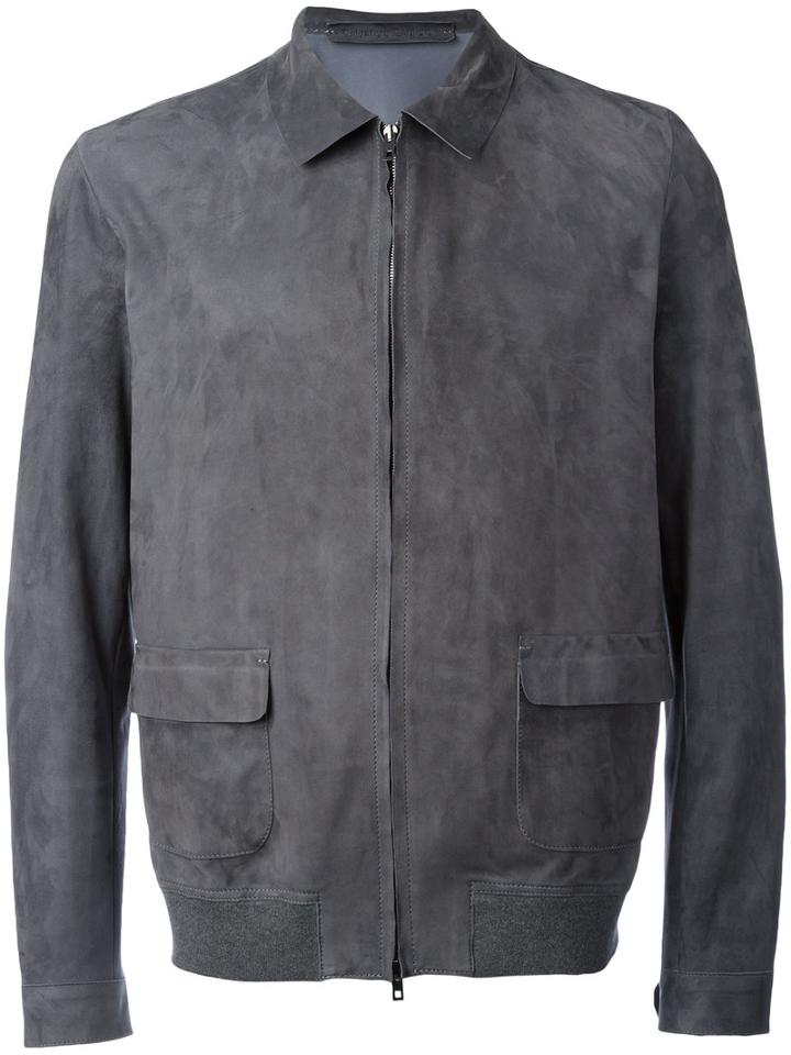 Salvatore Santoro Classic Collar Zipped Jacket, Men's, Size: 50, Grey, Leather