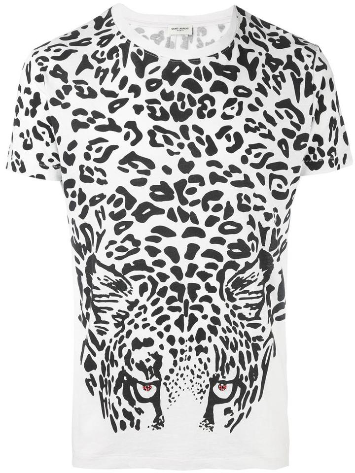Saint Laurent Leopard Print T-shirt, Men's, Size: Small, White, Cotton
