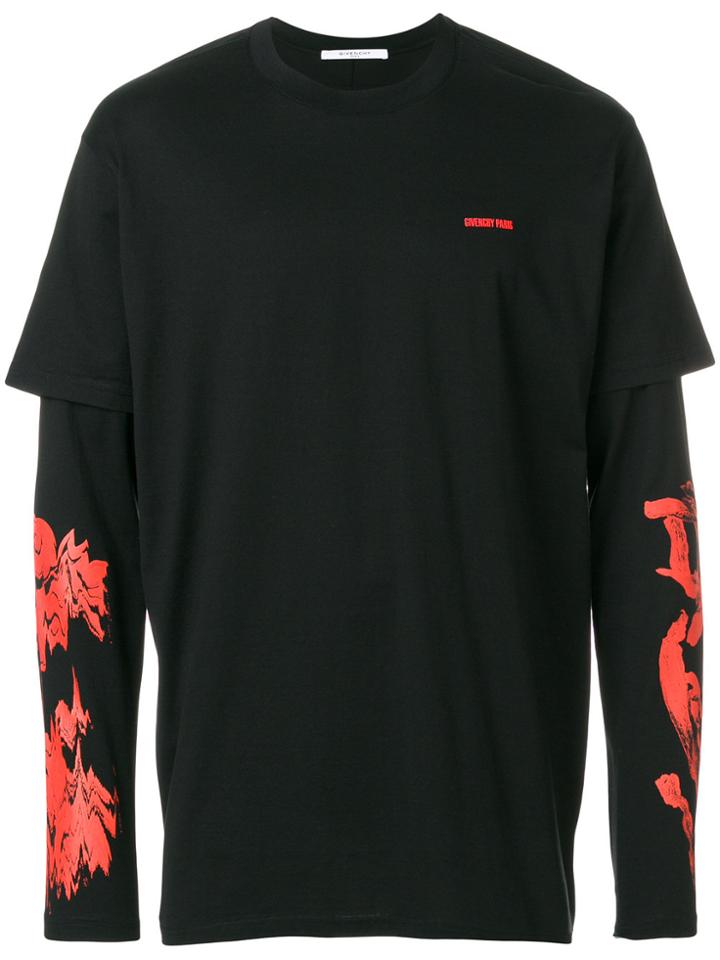 Givenchy Rose Print Double Sleeve Tee - Black