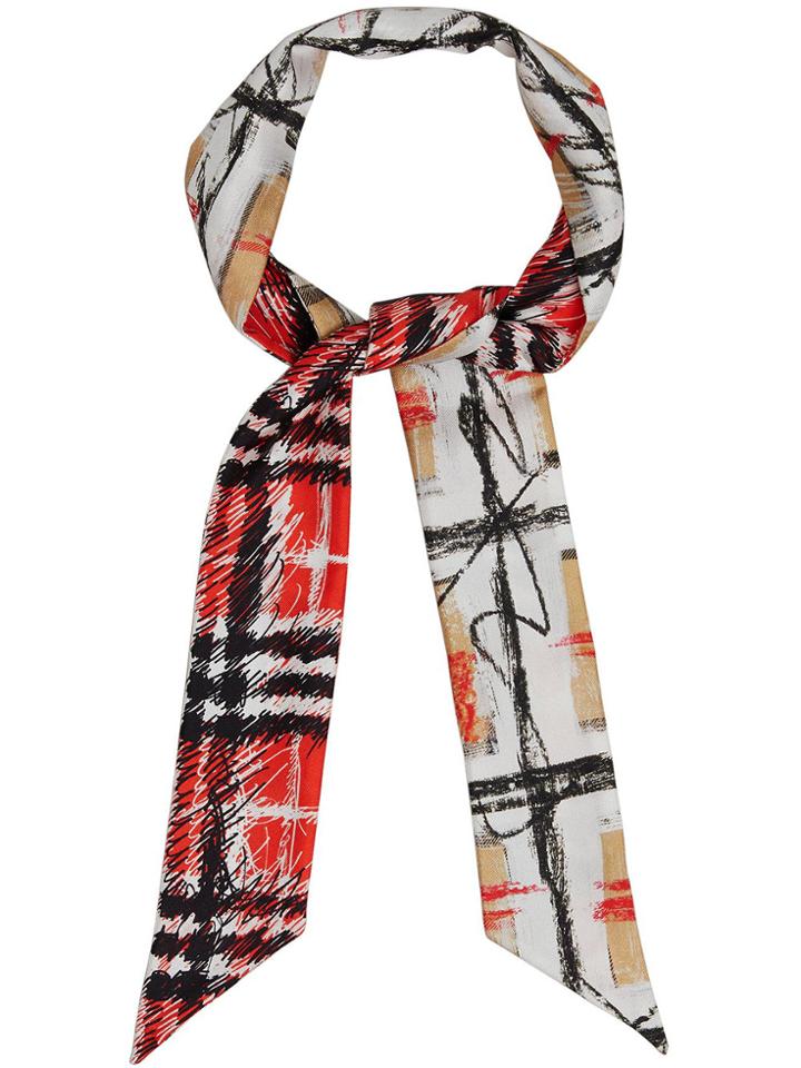 Burberry Scribble Check Silk Slim Scarf - Red
