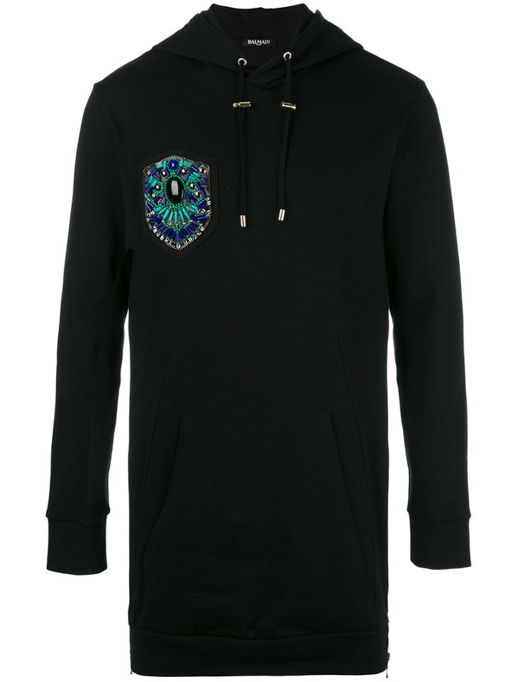 Balmain Embroidered Side Zip Hoodie, Men's, Size: Large, Black, Cotton
