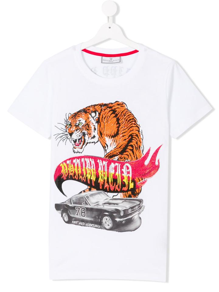Philipp Plein Junior Embellished Tiger And Car Print T-shirt - White