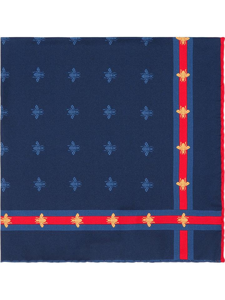 Gucci Bee Pattern Silk Pocket Square, Men's, Blue, Silk