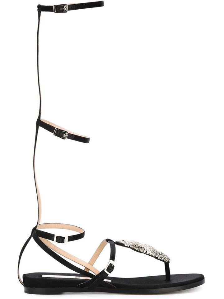 No21 Embellished Gladiator Sandals, Women's, Size: 37, Black, Silk/crystal/calf Leather