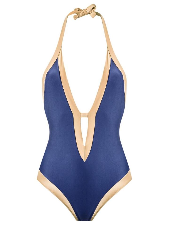 Adriana Degreas Deep V Neck Swuimsuit, Women's, Size: P, Blue, Polyamide/spandex/elastane