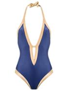 Adriana Degreas Deep V Neck Swuimsuit, Women's, Size: P, Blue, Polyamide/spandex/elastane