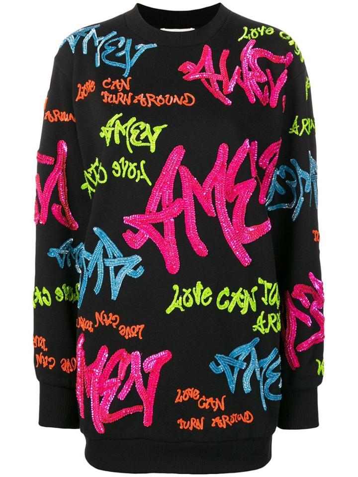 Amen Sequin Embroidered Graffiti Logo Sweater - Black