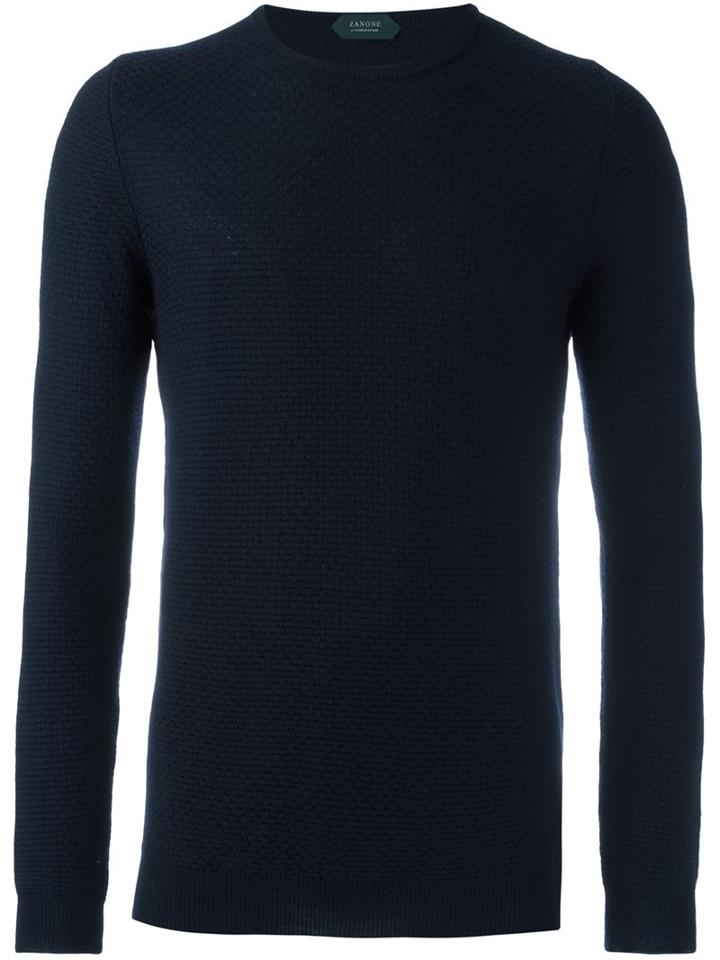 Zanone Crew Neck Ribbed Sweater, Men's, Size: 48, Black, Virgin Wool