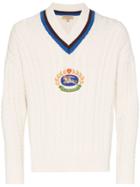 Burberry V Neck Logo Cricket Knit Jumper - White