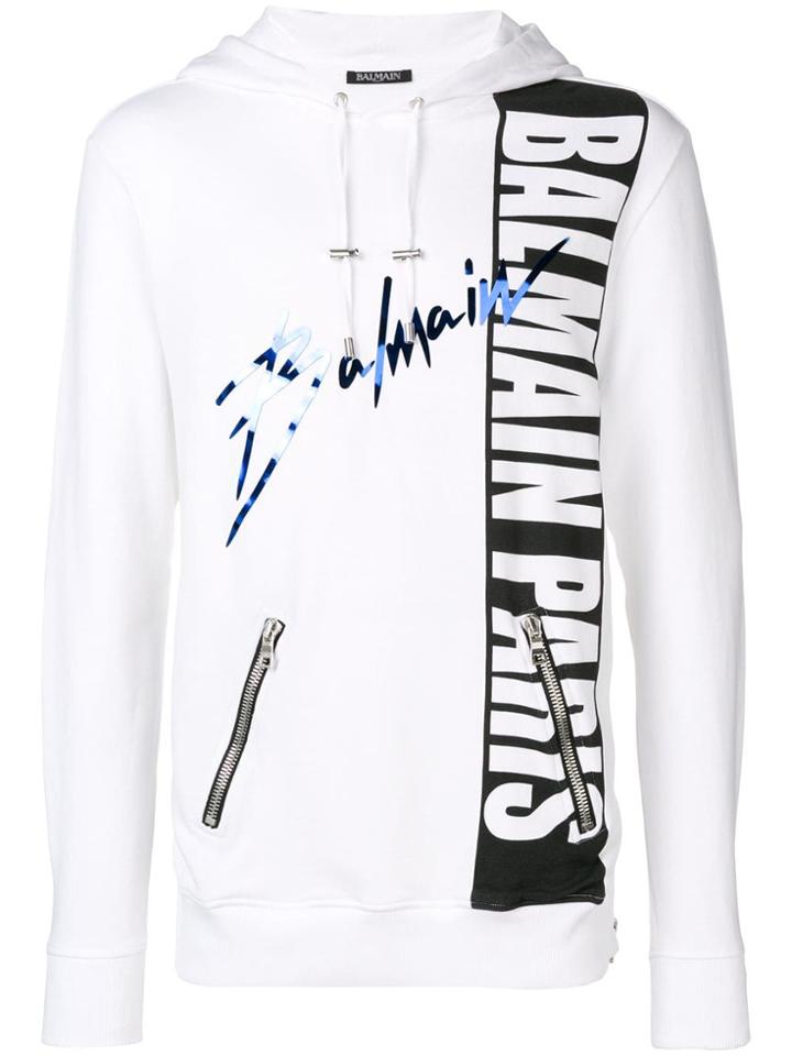 Balmain Logo Drawstring Hoodie - White