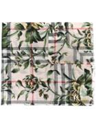 Burberry Floral Checked Print Scarf, Women's, Green, Wool/silk